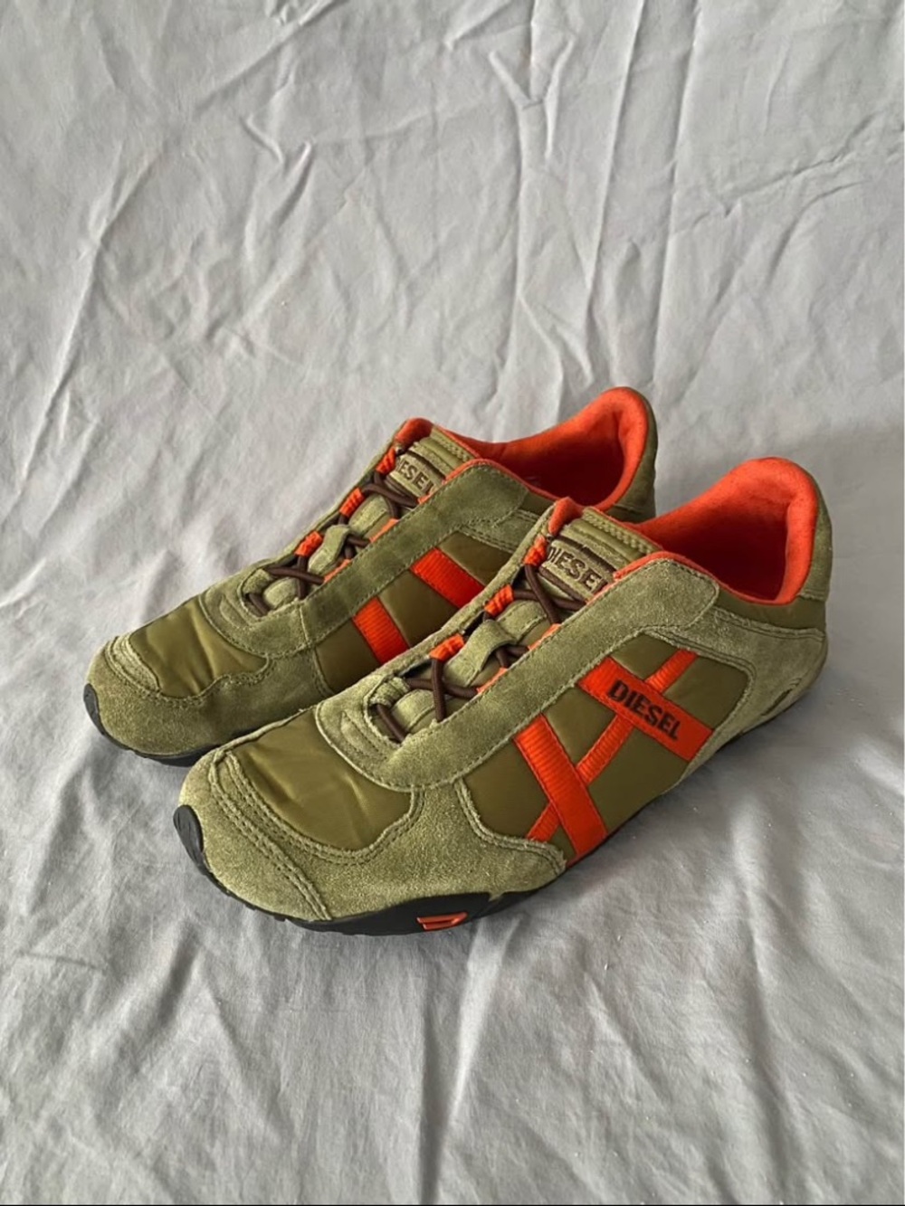 Vintage 2000s Diesel Olive Green & Orange Low-Top Sneakers SUPER RARE!!
